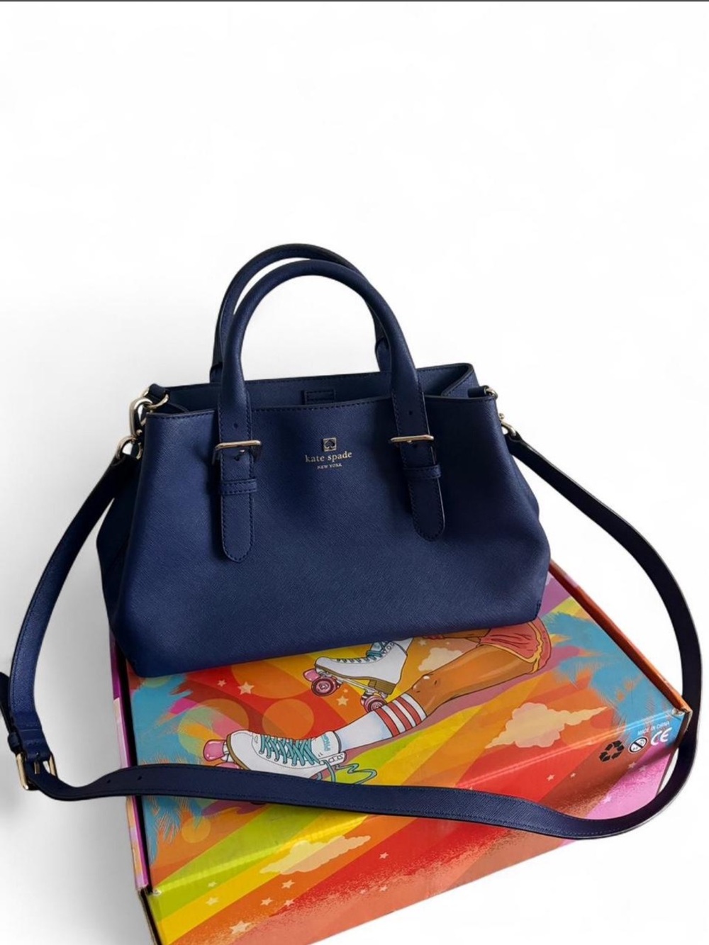 kate spade navy blue leather satchel with shoulder strap